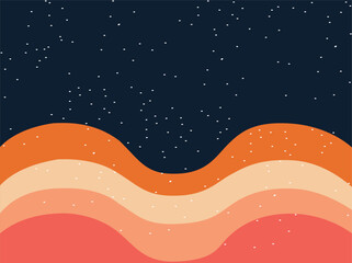 Fototapeta premium Abstract wavy landscape with starry night sky, retro 70s style vector illustration