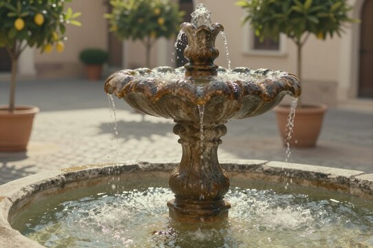 serene courtyard fountain with cascading water surrounded by potted lemon trees