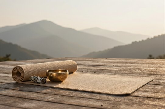 yoga mat and singing bowl on wooden deck at sunrise overlooking serene mountain landscape