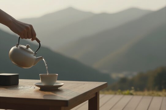 serene mountain view with pouring tea from teapot on wooden table during morning