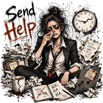 Exhausted overwhelmed office worker illustration with clock stacks of paperwork send help typography quote vector design for pod print sticker tote bag mug merch
