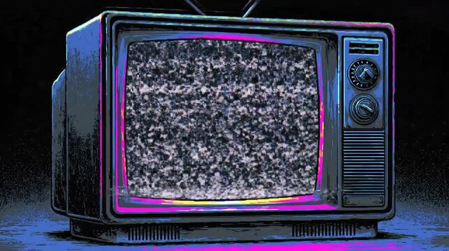 Retro television set with static screen and neon lighting.