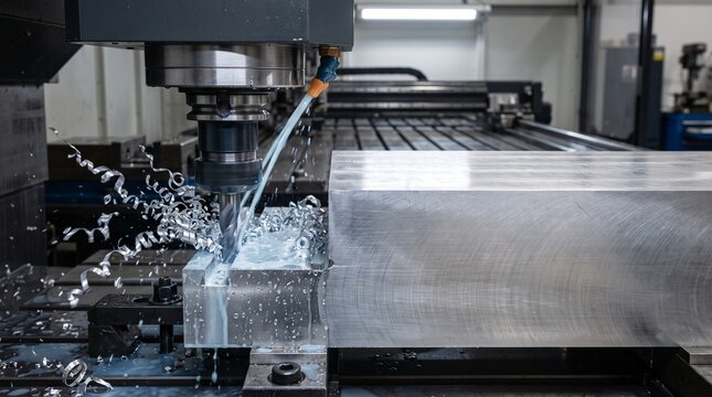 Industrial CNC milling machine precision cutting metal block with coolant spray in modern factory