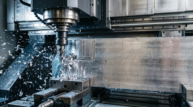 Industrial CNC milling machine cutting metal part with flying shavings in high-tech workshop