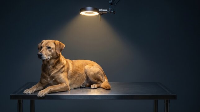 Golden dog on metal veterinary examination table under dramatic spotlight in clinic