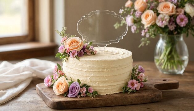 A beautiful tiered cake decorated with fresh flowers and an elegant acrylic blank sign topper on a wooden rustic board
