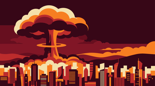 Devastating mushroom cloud engulfing a city, a stark illustration for International Day Against Nuclear Tests, urging disarmament and global peace