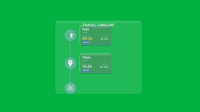 Glassmorphic travel timeline dashboard with animated destination cards, itinerary planning, trip