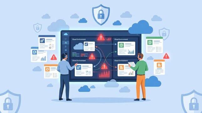 Cloud computing security monitoring and threat detection dashboard with it professionals analyzing system risks