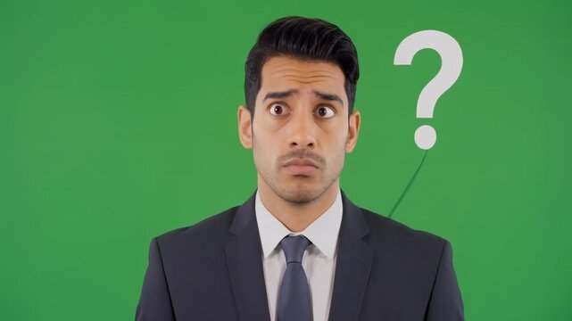 Man in suit displaying confusion with question marks on green screen background cinematic motion