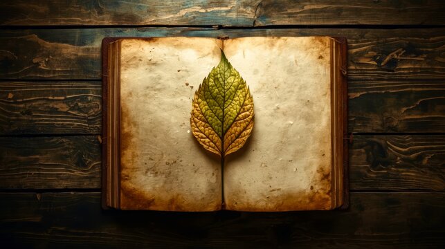 Ancient book rests open on dark wood surface