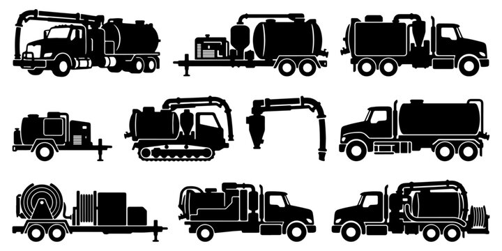 Hydro Excavator Vector Silhouette Bundle - Vacuum Truck Boom Icon Pack - Non Destructive Digging Equipment Template Collection