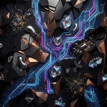 Abstract futuristic topography of dark metal relief and flowing purple blue resin with integrated geometric structures and gold clusters