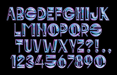 3d holographic bold font. Playful display font. Chrome metal letters and numbers. Y2K style block alphabet. Metallic surface with reflections © Morena