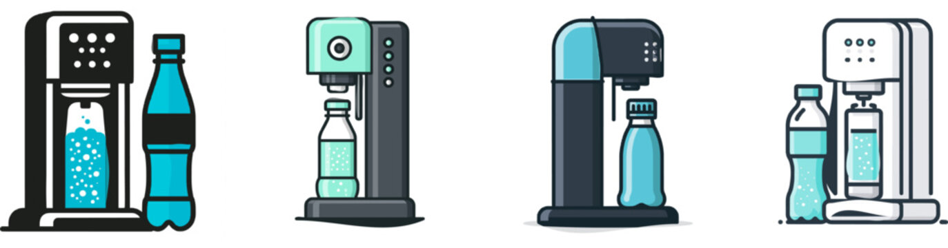 A minimalist soda maker illustration features a black machine with cyan bubbles spouting into a bottle, all rendered in flat 2D vector art style