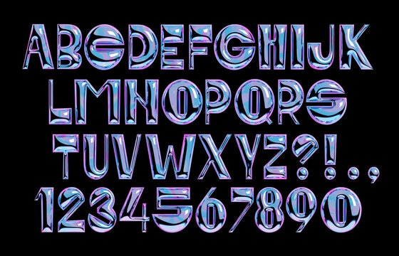 3d holographic bold font. Playful display font. Chrome metal letters and numbers. Y2K style block alphabet. Metallic surface with reflections
