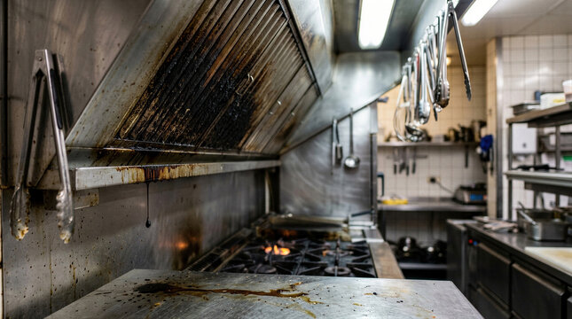 Dirty commercial kitchen exhaust hood with dripping grease and leaking oil. Unsanitary restaurant ventilation system with stove fire. Equipment malfunction and maintenance problem.