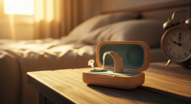 Hearing Aid Device Charging in Open Case on Nightstand with Warm Morning Sunlight and Alarm Clock