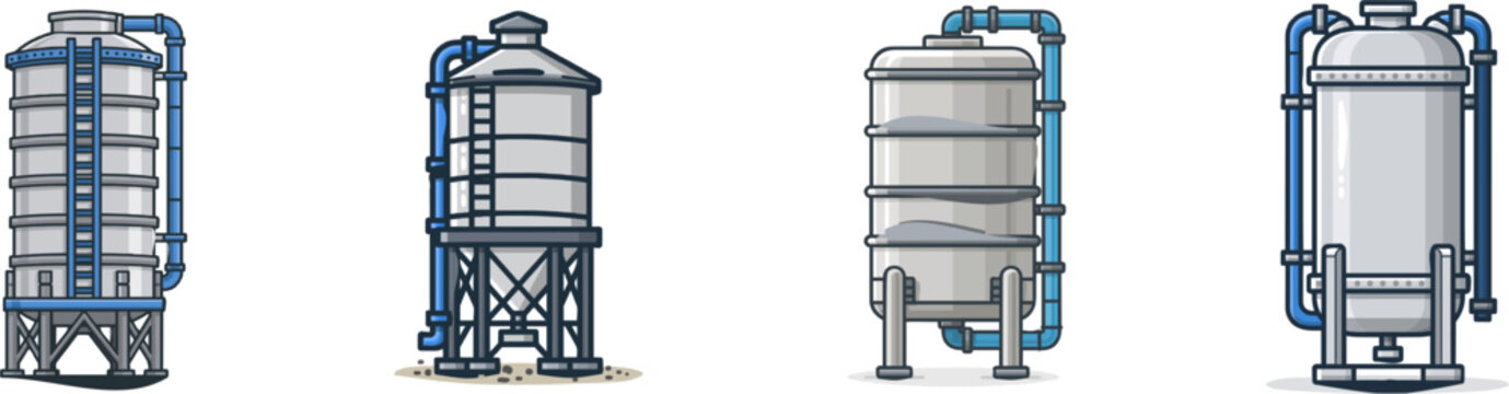A minimalist, flat 2D vector illustration of a large industrial vertical water storage silo tank with clean dark outlines, solid silver grey steel, external blue pipes, and no shadows or isometry