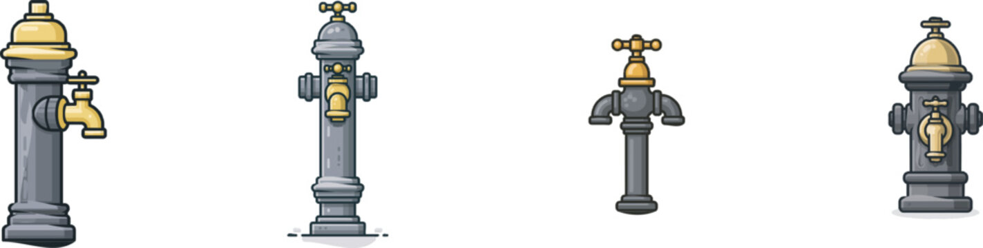 A classic water standpipe illustration in a minimalist flat 2D style features a dark grey pipe with a brass faucet, set against a solid white background