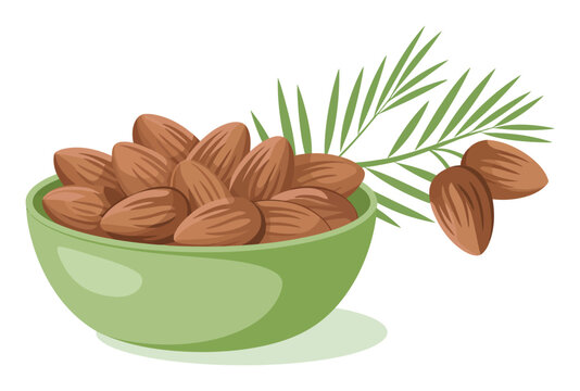 Un cuenco verde lleno de almendras frescas y hojas verdes