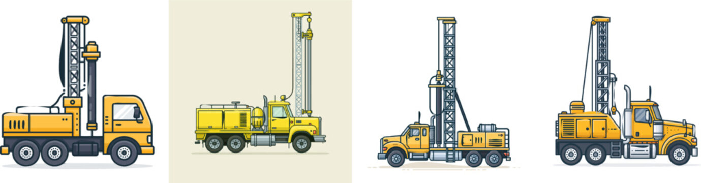 A minimalist, flat 2D vector illustration of a water well drilling rig truck, showcasing its clean dark outlines, solid yellow body, and steel mast in an orthographic projection against a pure white