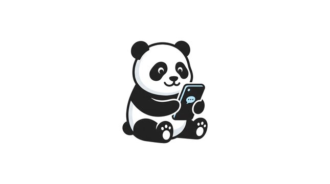 A cute vector illustration of a cartoon panda sitting down and holding a smartphone, actively chatting or messaging with a speech bubble icon on the screen.