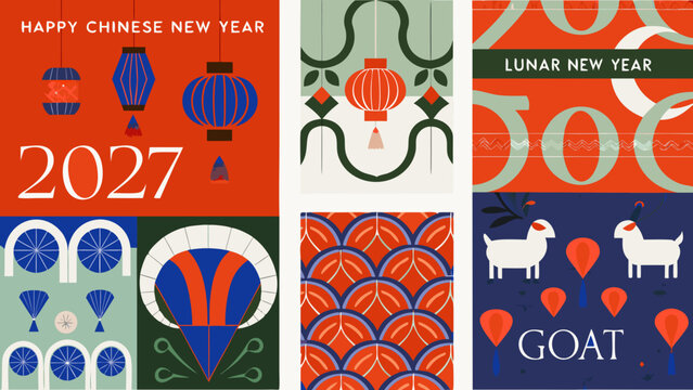 Floral ornament and lantern vector illustration celebrating the chinese new year 2027 with goat imagery lunar caprine