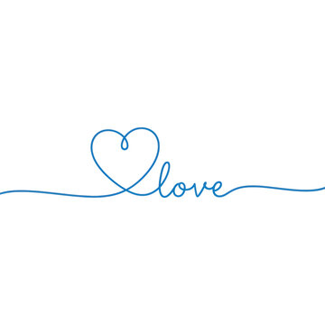 A vibrant cerulean blue continuous line forms a symmetrical heart and the script word 'love' on a transparent background, symbolizing modern elegance
