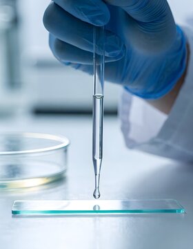 Scientist uses pipette to drop liquid onto microscope slide