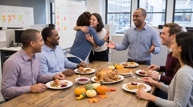 Employees celebrating Thanksgiving together sharing a festive meal