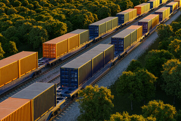 High angle view of intermodal cargo train carrying containers on rural rail © Taras Rudenko