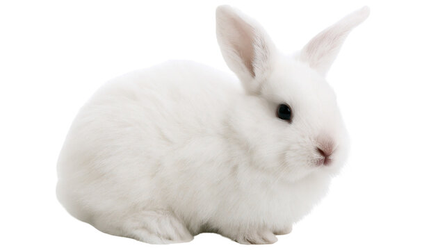 Fluffy white baby rabbit with dark eyes and pink nose