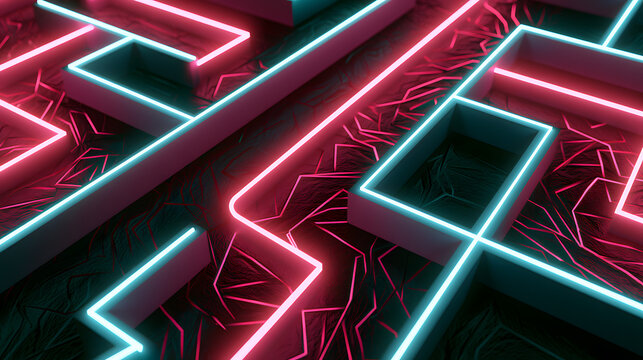 A background with abstract geometric shapes. A flow of neon light through a three-dimensional maze. Illustration in 3D.