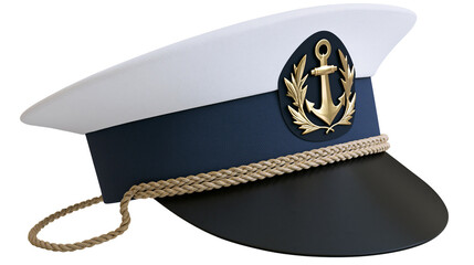 Navy captain hat with gold anchor emblem and rope detail © Andrei