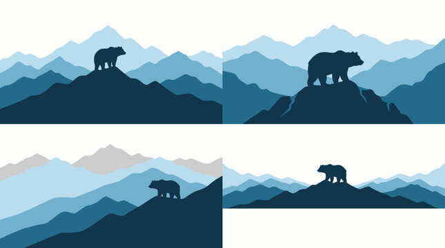 Set of silhouettes featuring bears standing on mountain peaks.