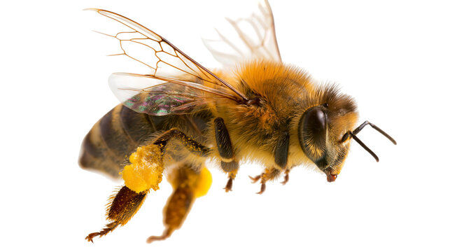 Honey bee with pollen baskets on legs flying