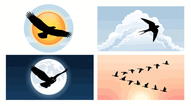 Set of silhouettes of birds flying in the sky.