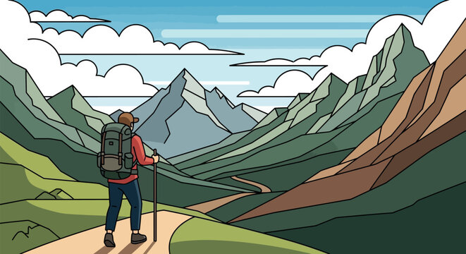 Hiker walking on mountain trail illustration