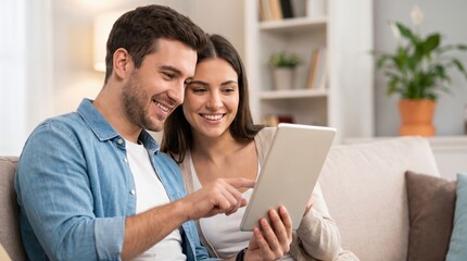 Fototapeta premium A man and woman sit closely on a sofa in their living room, smiling and sharing a tablet. They seem to be enjoying a moment of connection and laughter together
