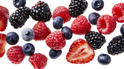Fresh strawberries raspberries blueberries, and blackberries scattered © Andrei
