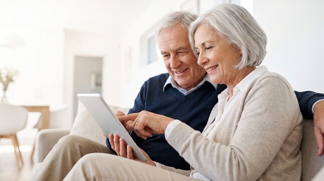An elderly couple sits on a couch in their living room. They smile and share a moment as they look at a tablet. The room feels warm and welcoming with soft furniture
