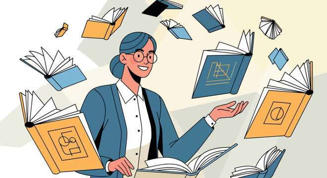 Woman surrounded by flying books in vector illustration