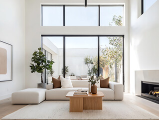 Fototapeta premium Modern living room with large windows, sectional sofa, and indoor plant