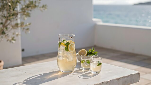 a refreshing drink on a balcony overlooking the ocean.