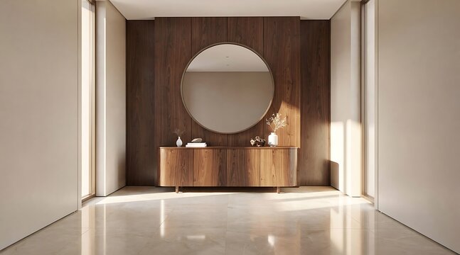 Modern hallway interior with circular mirror and wooden console table.