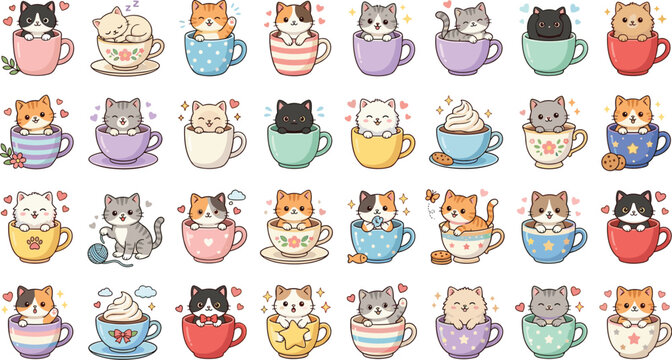 Cute kawaii cats in teacups vector collection featuring smiling cartoon kittens coffee mugs pastel stickers and animal icons