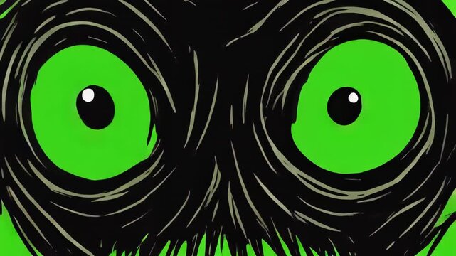 Monstrous Green Eyes Blink Rapidly in Darkness with Subtle Camera Zoom and Focus Shift