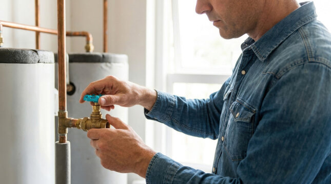 Water heater installation close up, plumber adjusting valve in home utility room