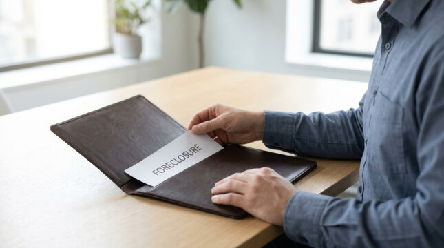 Foreclosure notice home loan debt mortgage financial trouble payment document folder folder envelope table office desk hand adult shirt blue shirt